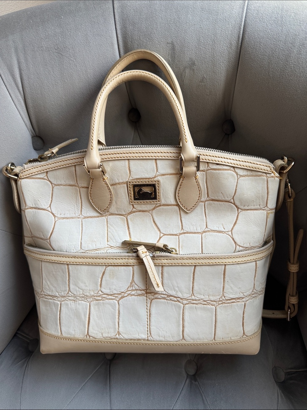 Dooney & Bourke Cream Croc-Embossed Satchel with Gold Hardware